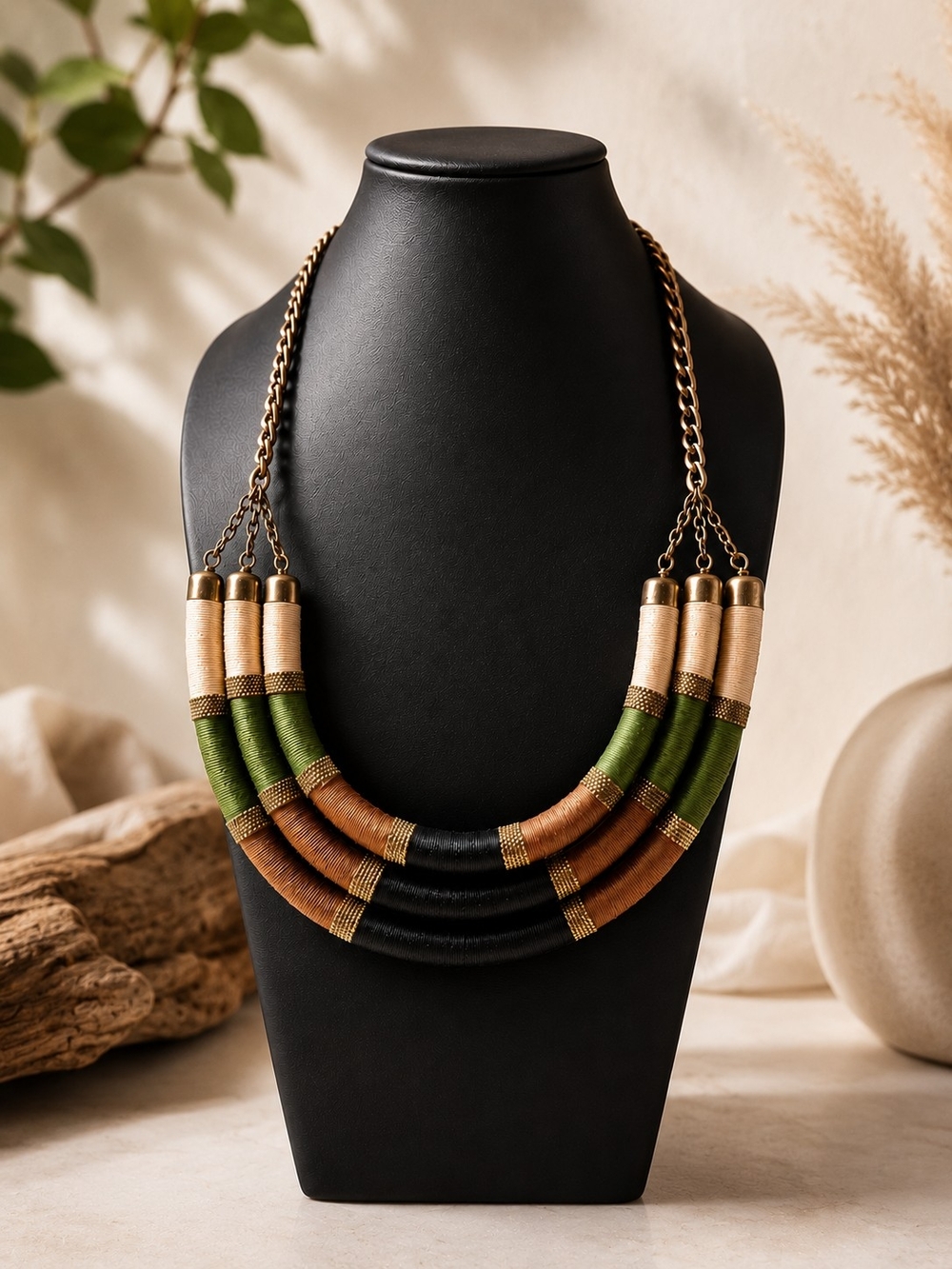 Vintage Earth Tone Thread Wrapped Statement Necklace Boho Tribal